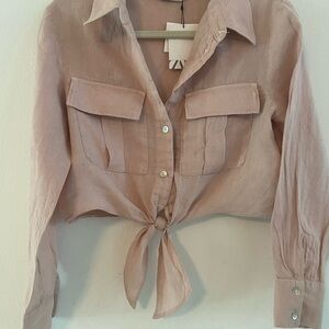 NWT Zara Blush Tie-Front Linen Blouse S